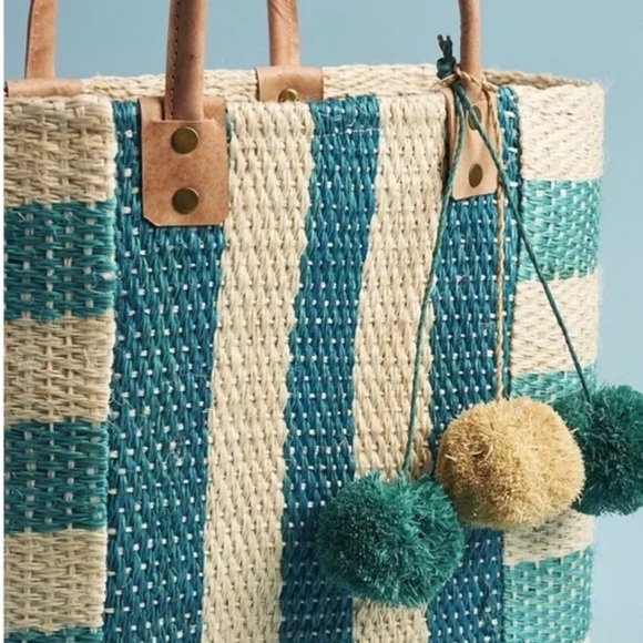 New mar y sol Aqua Tan Striped Woven Sea Grass Leather Handled Tote Beautiful - Picture 8 of 11